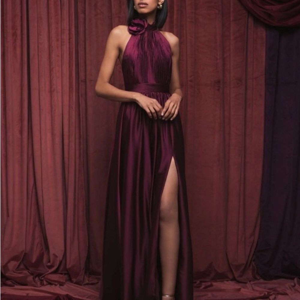 Ieena for Mac Duggal womens rosette halter chiffon evening gown